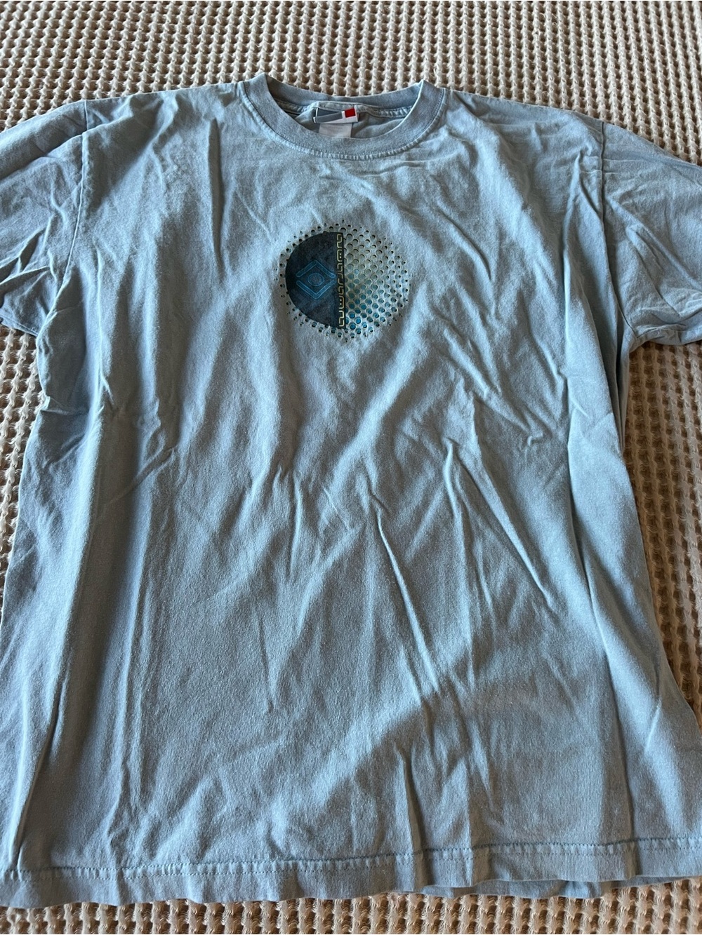 Light Blue Graphic Tee with Small Center Logo